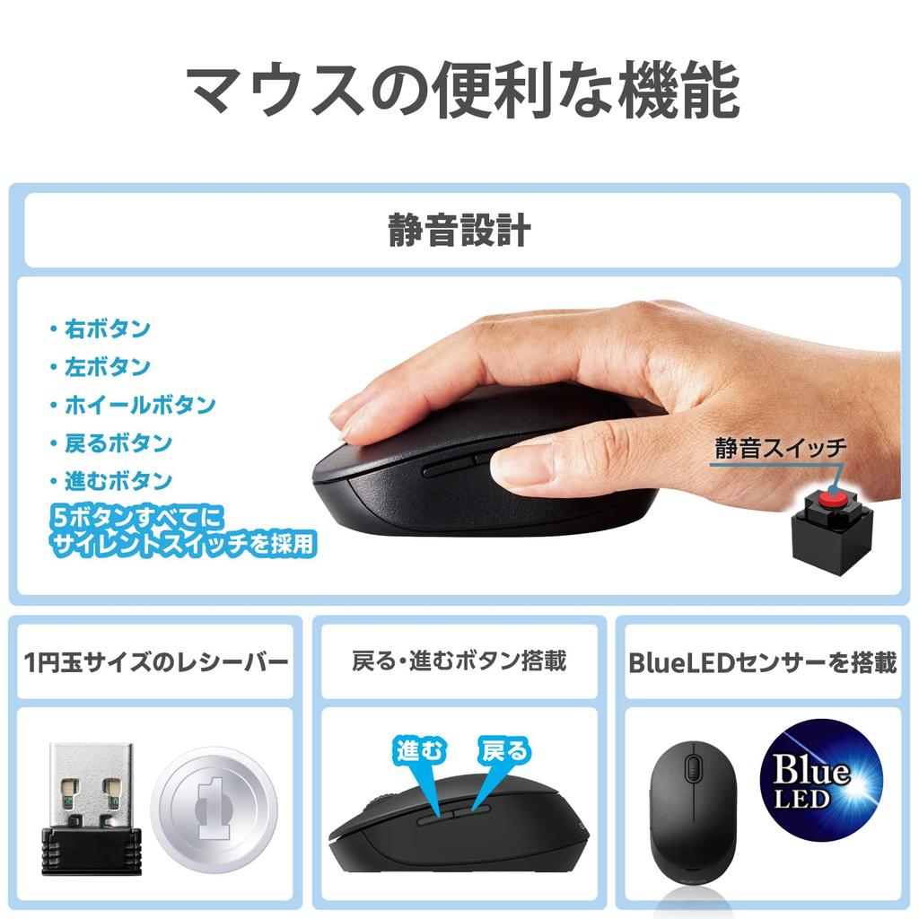 ELECOM Wireless Full Keyboard and Mouse Set, Quiet Design, Black, TK-FDM116SKMBK