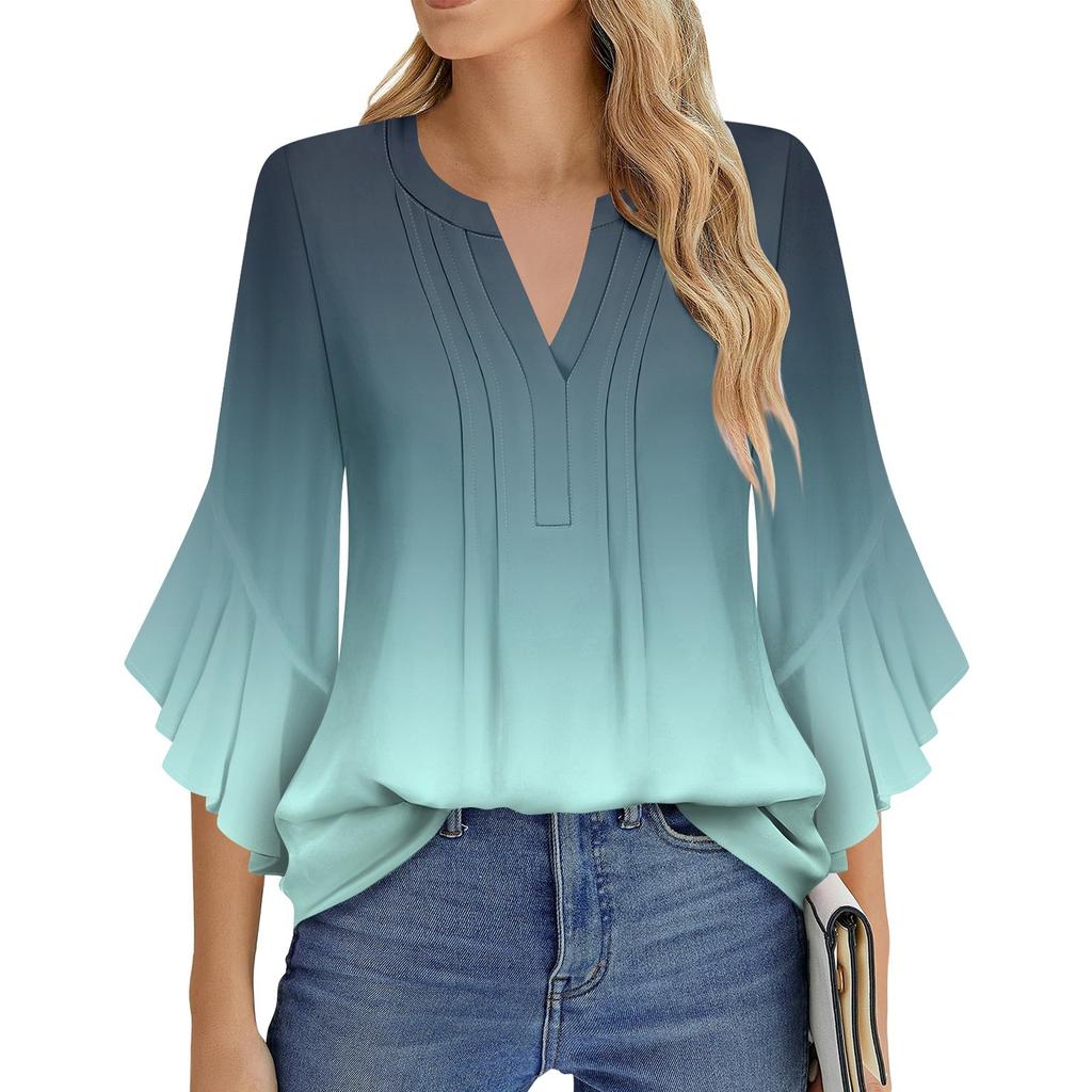 Damenmode Lässig Plissiert V-Ausschnitt Einfarbig Dreiviertelärmel T-Shirt Elegantes Oberteil