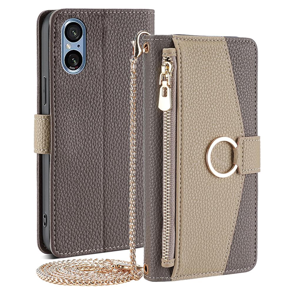 

For Sony Xperia 5 V Case Wallet PU Leather Crossbody Phone Cover with Makeup Mirror Grey