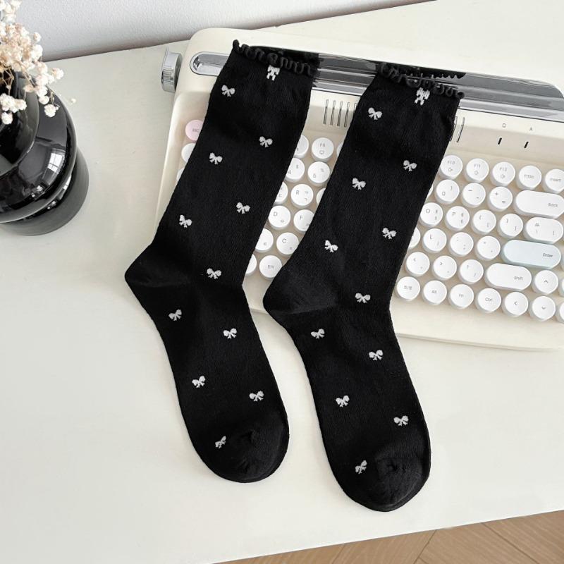 Women's Summer Socks with Mesh, Black Fungus Edges, Pile Socks, Lace Bows, Mid-calf Socks, Boneless Breathable Socks