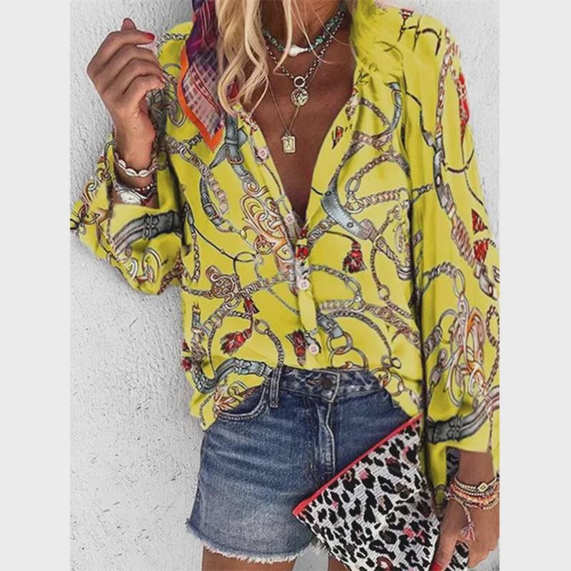 Women's Autumn/Winter Multi-Color Chain Print Stand Collar Long Sleeve Shirt