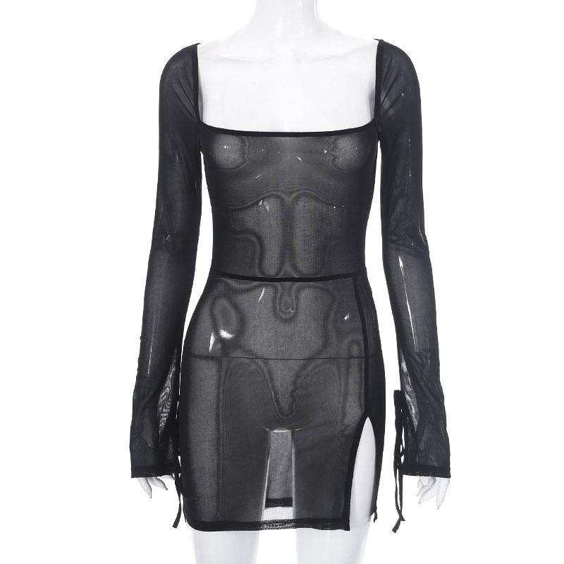 Square Collar Solid Mini Dress For Women Y2k Clothes Gauze Sexi Night Dress Hot Club Outfits Sheer Vestidos De Mujer Long Sleeve