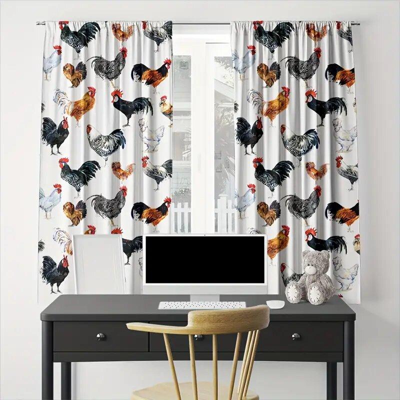 2 pieces - Colorful rooster and hen pattern printed curtains   window decorations   home decorations   room decorations