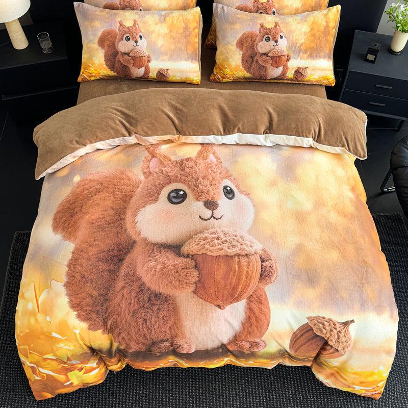 Milk Fleece Four-Piece Set, Large Version Digital Printing Cute Cartoon Single Double Quilt Cover, Bed Hat Three-Piece Set