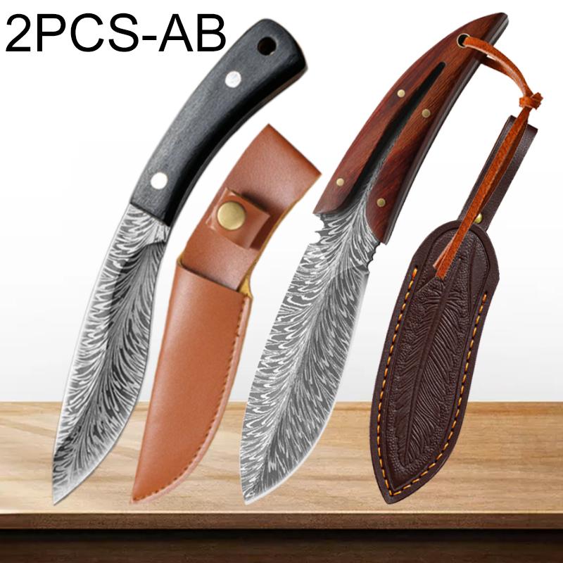 Stainless Steel Meat Cleaver Hand Forged Feather Pattern Boning Knife Multi Steak Kitchen Knife Fruit Peeler BBQ Cooking Tools