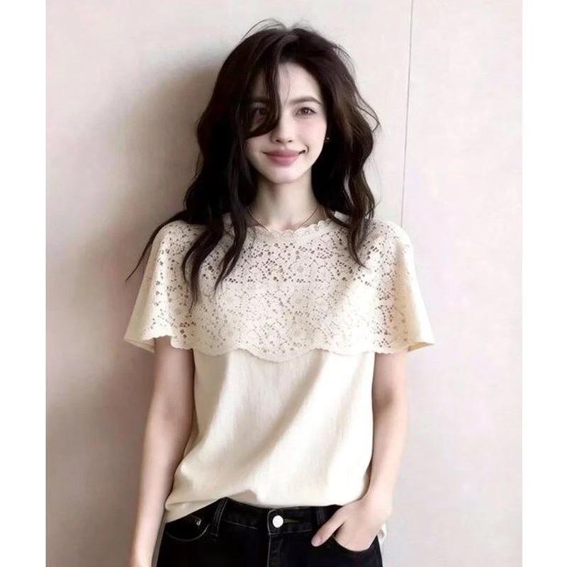 La Chapelle Women s Lace Hollow-Out Fake Two-Piece Short Sleeve T-Shirt 2XL