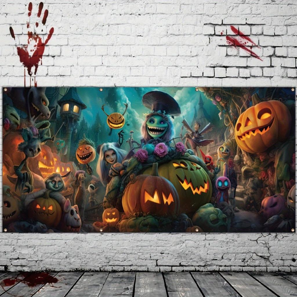 Halloween garage banner with cheerful spooky monsters castles and pumpkinsXY