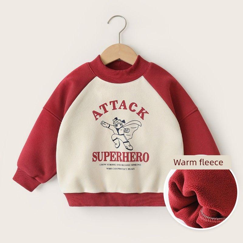 Boys  Composite Fleece Sweatshirt, Thickened and Fleece-Lined, Winter Clothing for Children, Boys  Sweatshirt, Thickened for Autumn and Winter Off-White with Red Sleeves 110cm