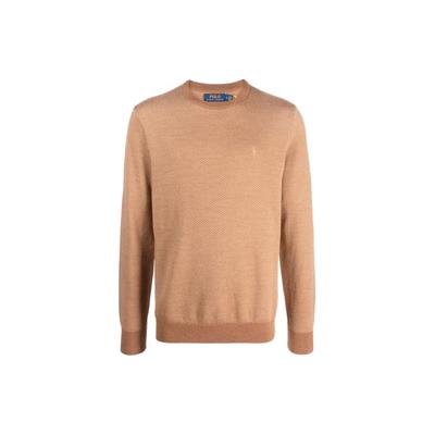 Maglione da Uomo Girocollo a Tinta Unita Polo Maglione da Uomo Color Cammello-Marrone 710917042-001