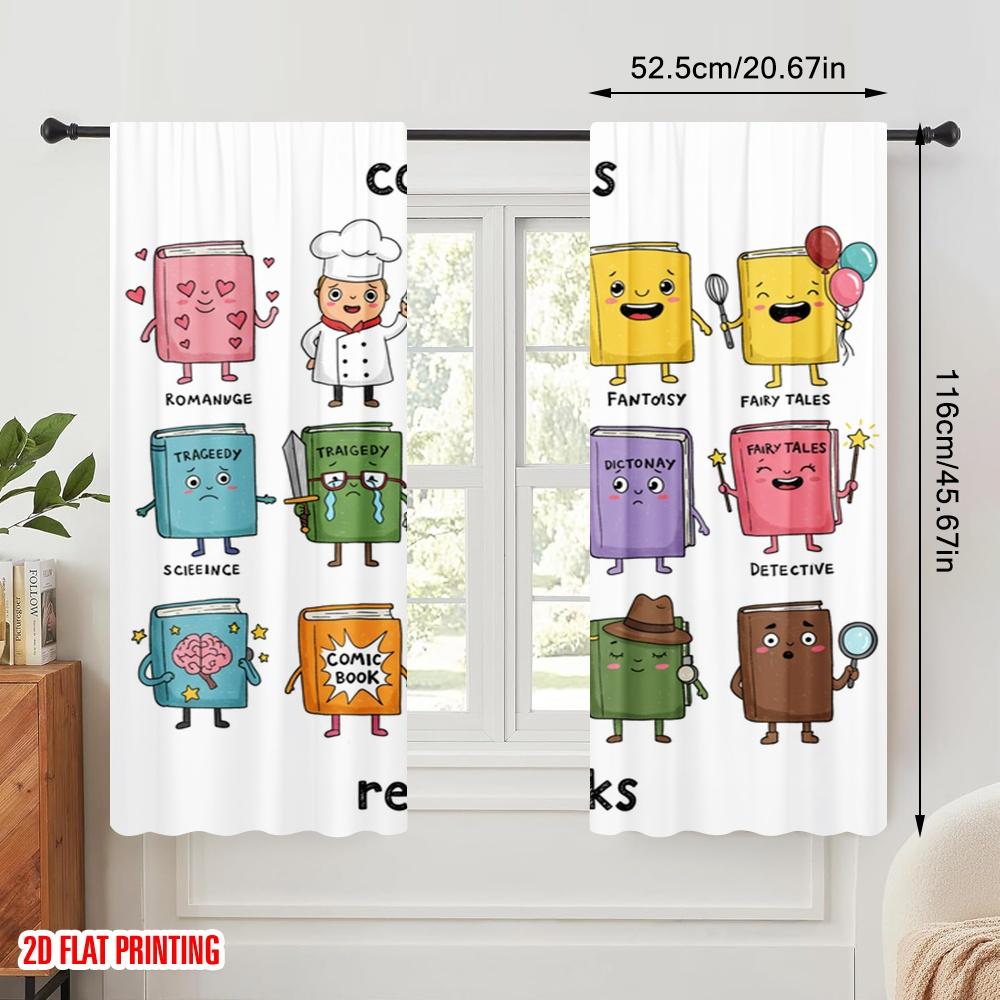 2 Stück 2D Flachdruck Party Fenster Vorhänge Cool Kids Lesen Bücher Polyester Ohne Strom Geburtstagsfeier Verwendung für goldene Wand