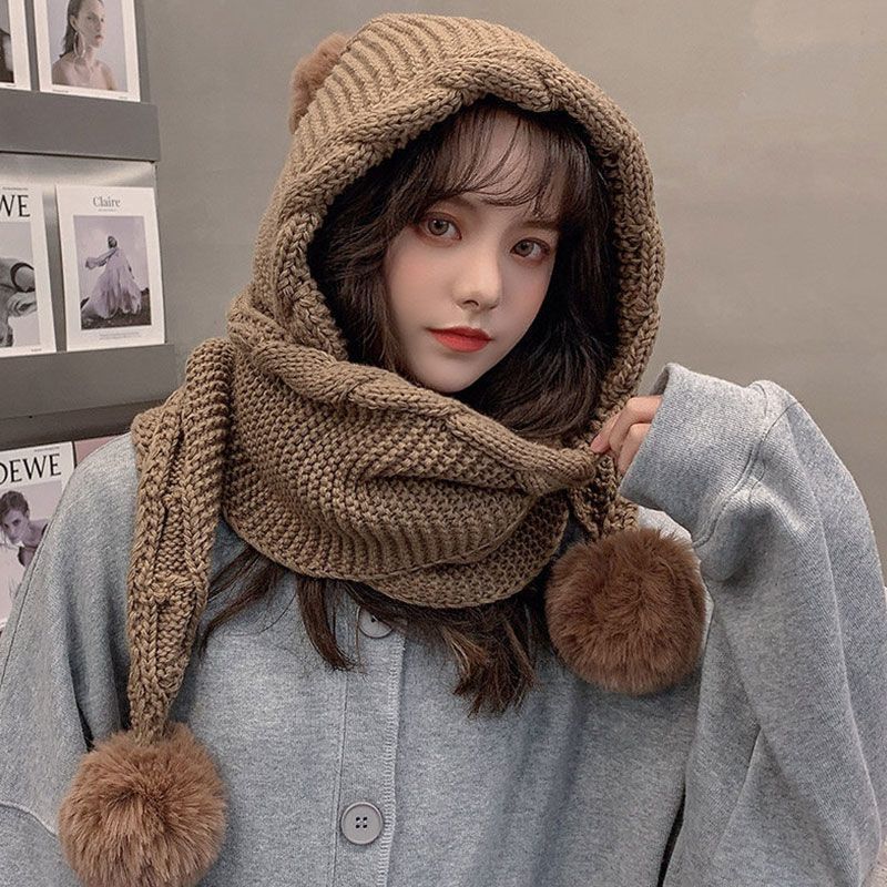 Damen Koreanischer Stil Vielseitige Strickmütze Schal Integriert Niedlicher Pompon Ohrenschutz Verdickte Warme Mütze für Herbst Winter