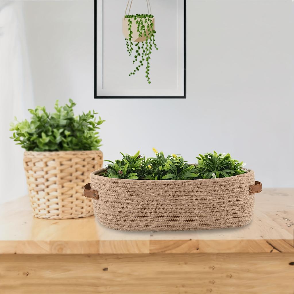 [Woven Storage Basket] Woven Storage Basket with Handle | Multifunctional Desktop Organizer, Oval Storage Bin, Rope-Woven Basket