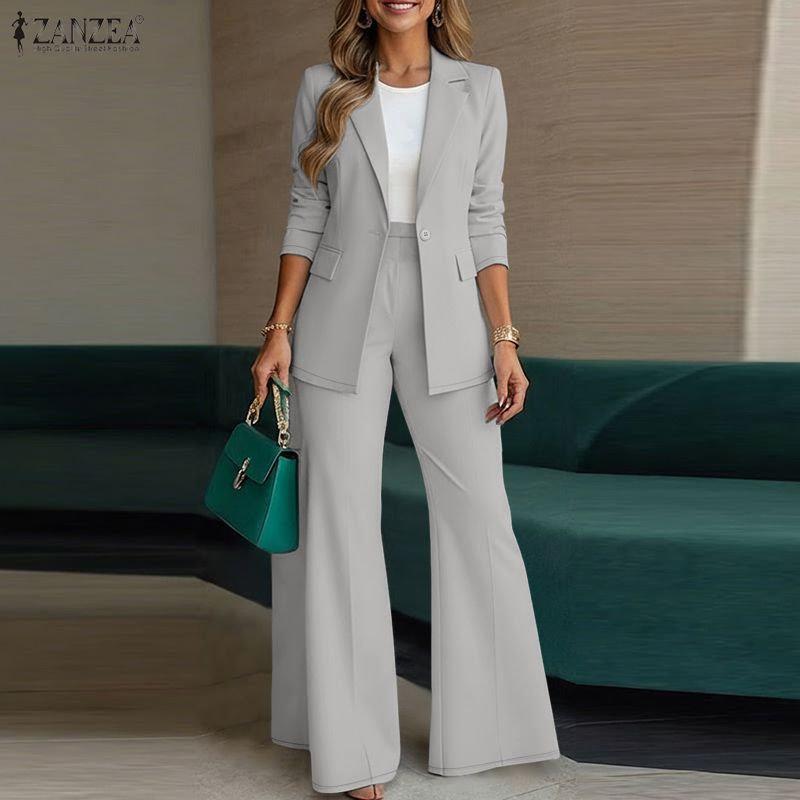 ZANZEA Women Long Sleeve Cardigan Blazer and Pants Casual Two Piece Suit Sets