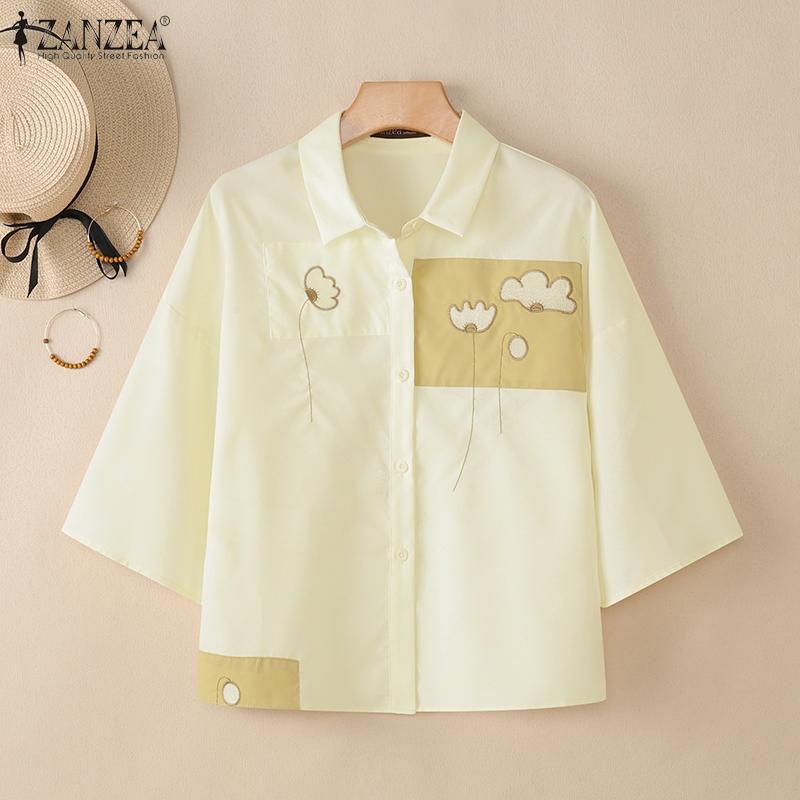 ZANZEA Damen Casual Turn Down Kragen Sommer Kurzarm Bluse