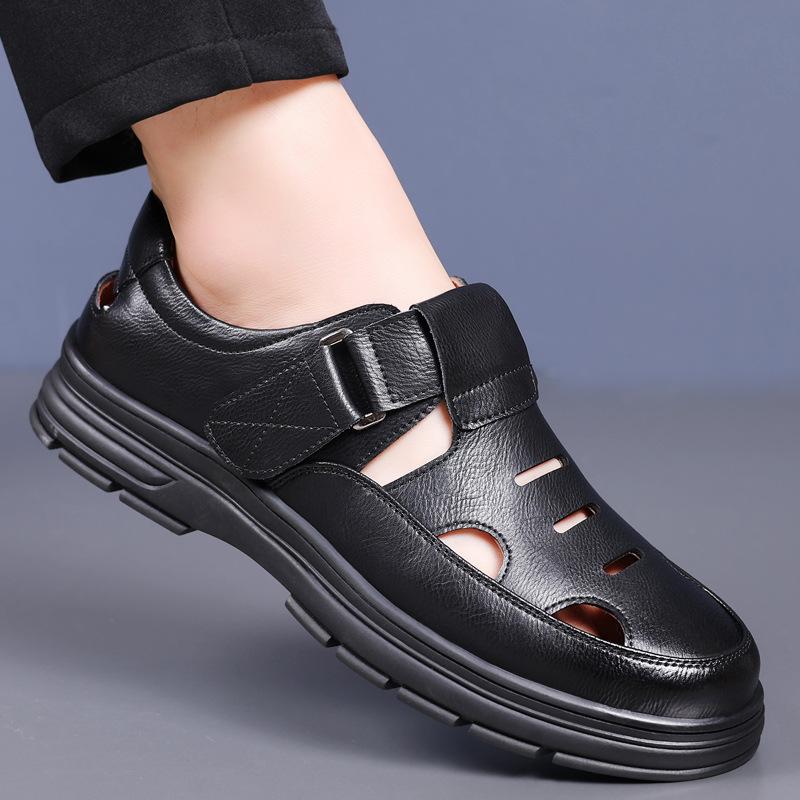 2025 summer new men's sandals soft leather casual breathable hollow Velcro cool leather shoes men's leather sandals 3337