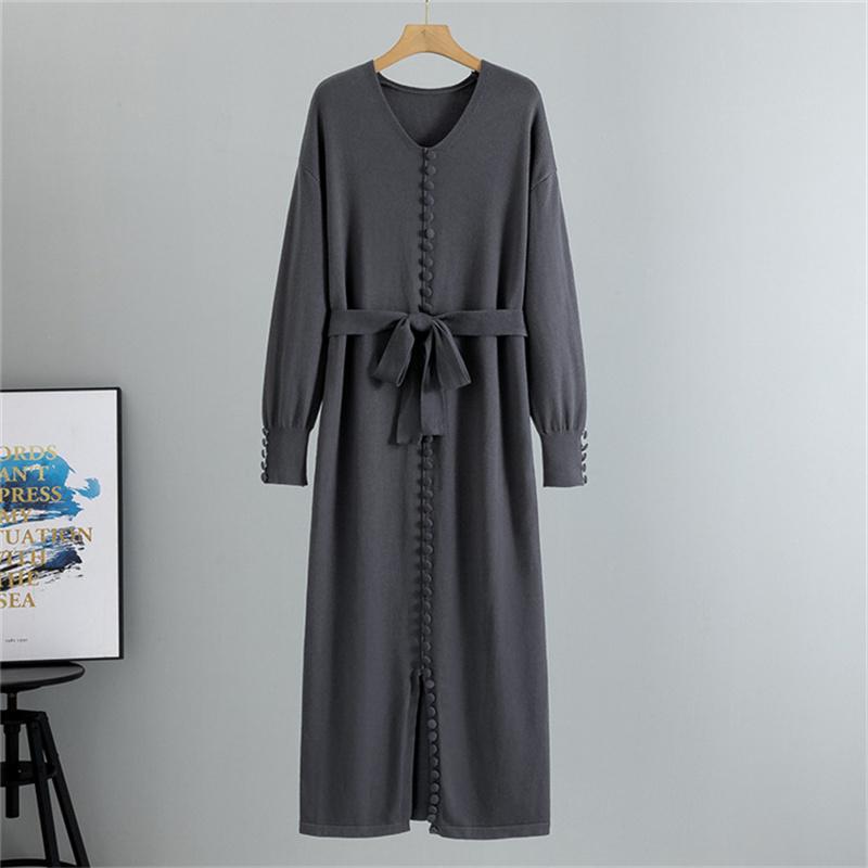 Autumn And Winter Women's V-Neck Base Knitted Long Dress  Loose Plus Size Solid Color Women's Dress