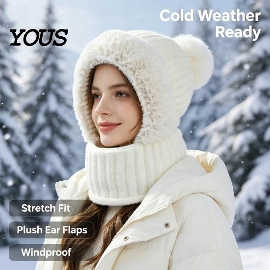 Full Face Coverage Mask for Winter Windproof Balaclava, Knitted Ski Hat, Fleece Lined Knit Hat with Cold Weather Headgear Commuting Pompom, Cozy Neck