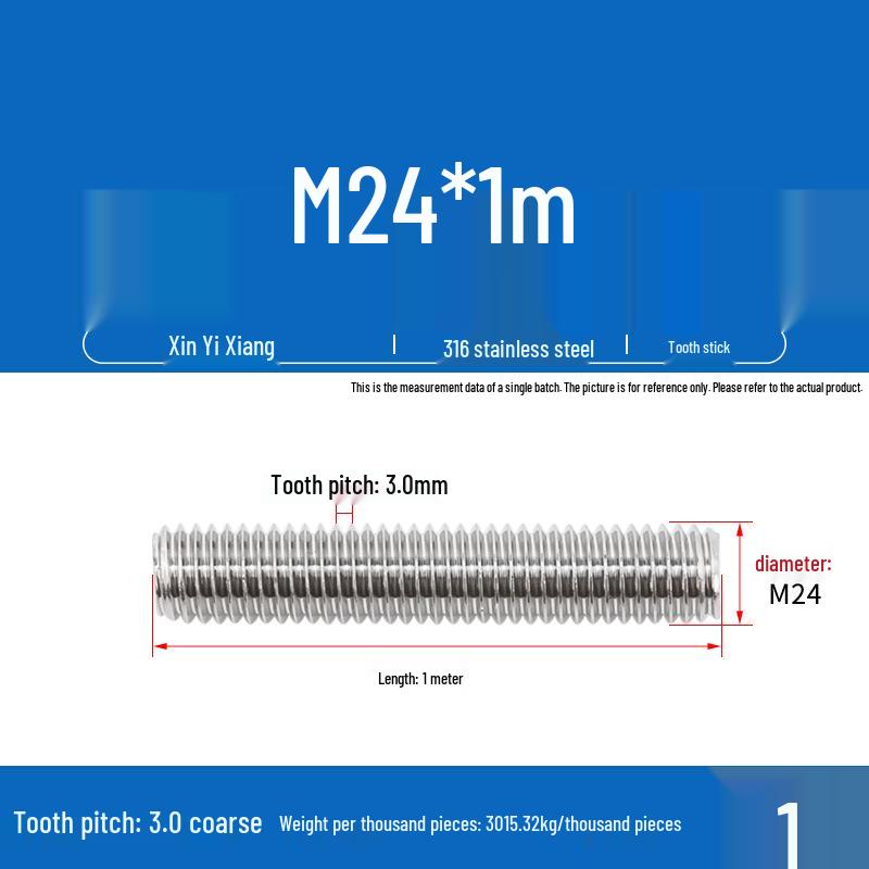 304 Stainless Steel Full Threaded Rod, 1 Meter, available in sizes M3, M6, M8, M10, M12.