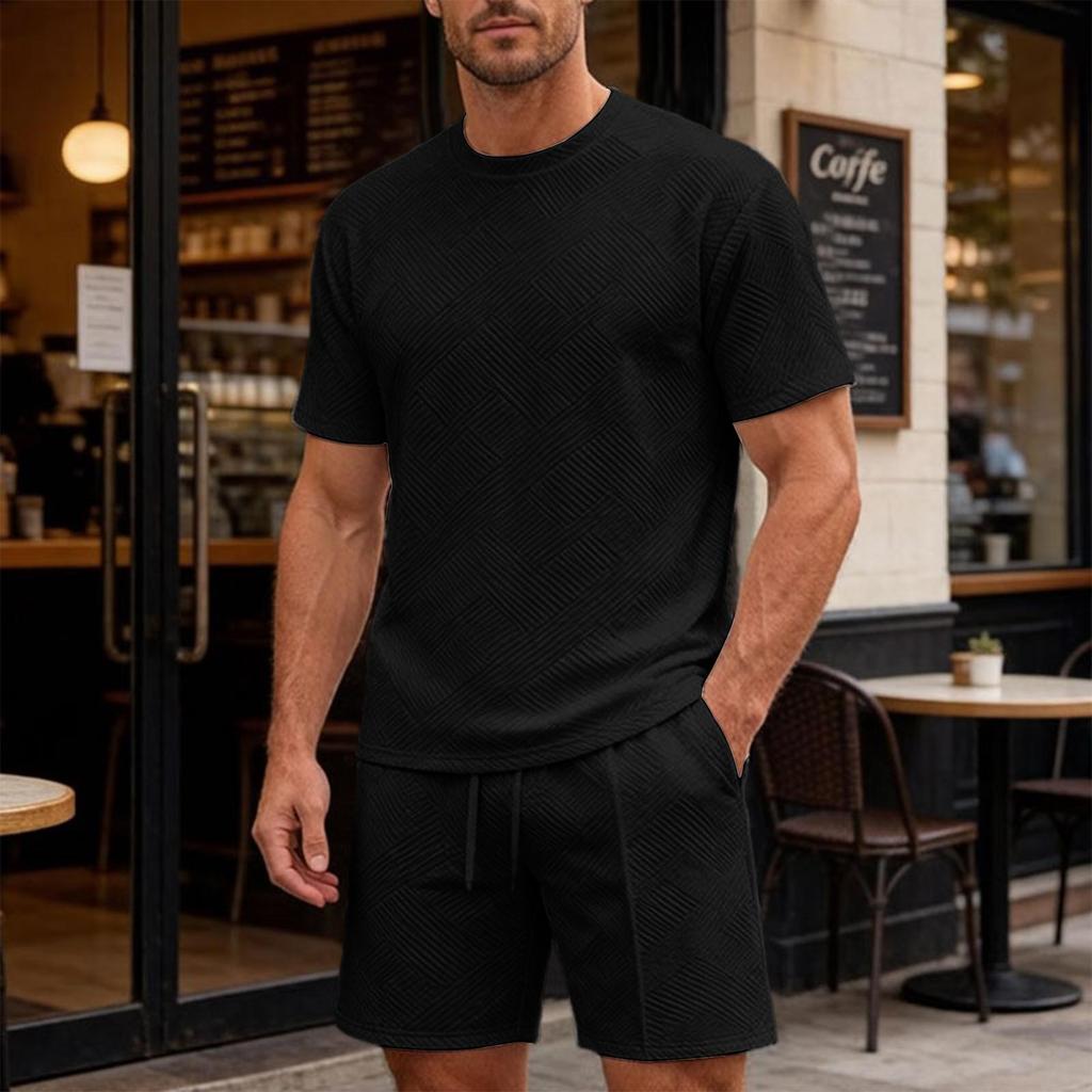 Men's Summer Crew Neck T-Shirt and Shorts Set Two-Piece Casual Sportswear Lightweight Breathable Fabric Suitable for Outdoor Activities