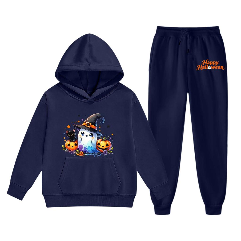 Kids Halloween Hoodie Set Ghost Pumpkin Print Long Sleeve Pullover Sweatshirt with Hood and Matching Pants Comfortable Fit for Boys and Girls