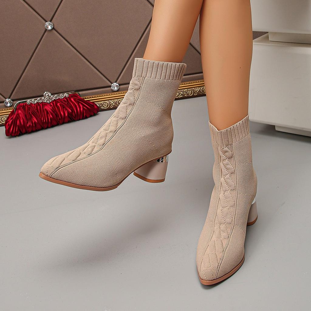 Fashion Women Boots New Large Fashionable Knitted Shoes Women Non Slip Rubber Sole Fashionable Luxury Boots High Heels Mid Calf Boots