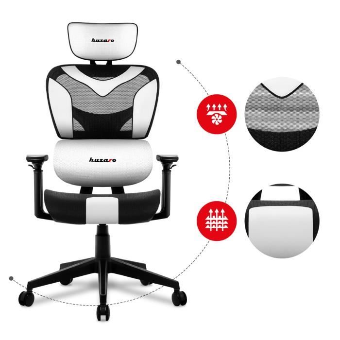 Chaise de jeu ergonomique HUZARO Combat 8.0 blanc - Hauteur et accoudoirs réglables - Support lombaire - Têtière