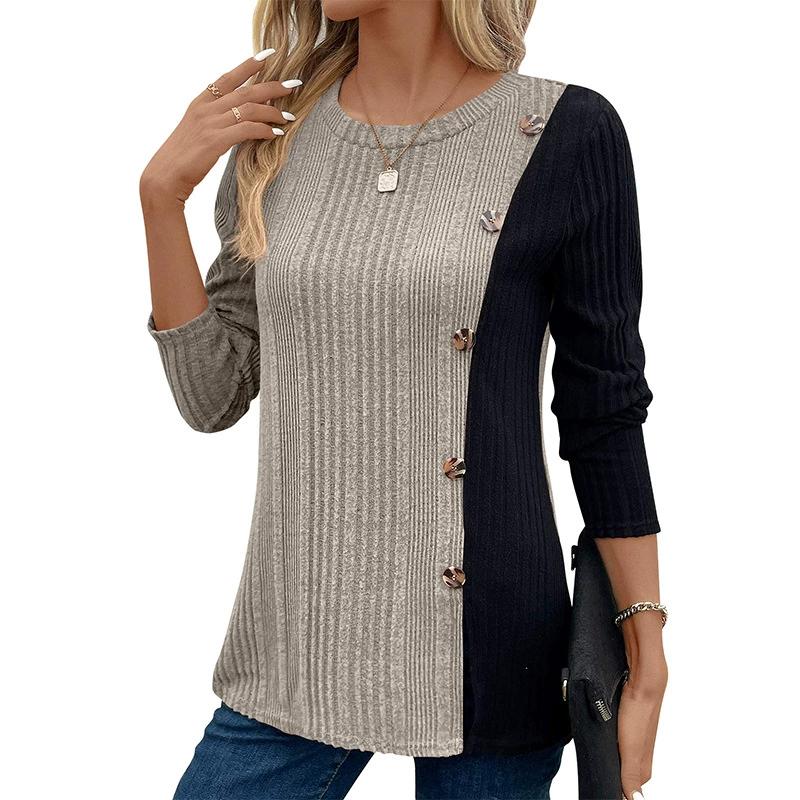 Women's Color Blocking Button Slit Casual Long Top
