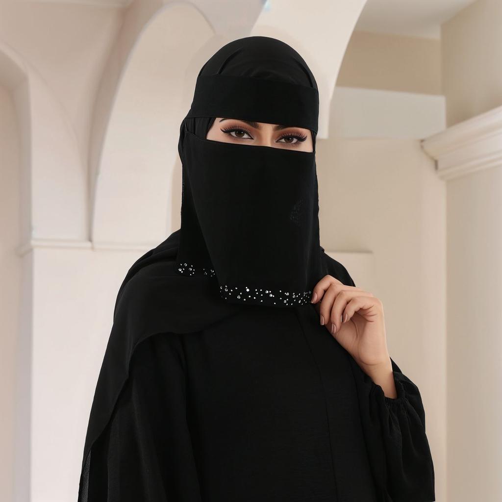 Strass Chiffon Preto Niqab Muçulmano Cobertura de Rosto Hijab Lenço Islâmico Mulheres Oração Uma Camada Respirável Cobertura de Cabeça Envoltório de Cabeça