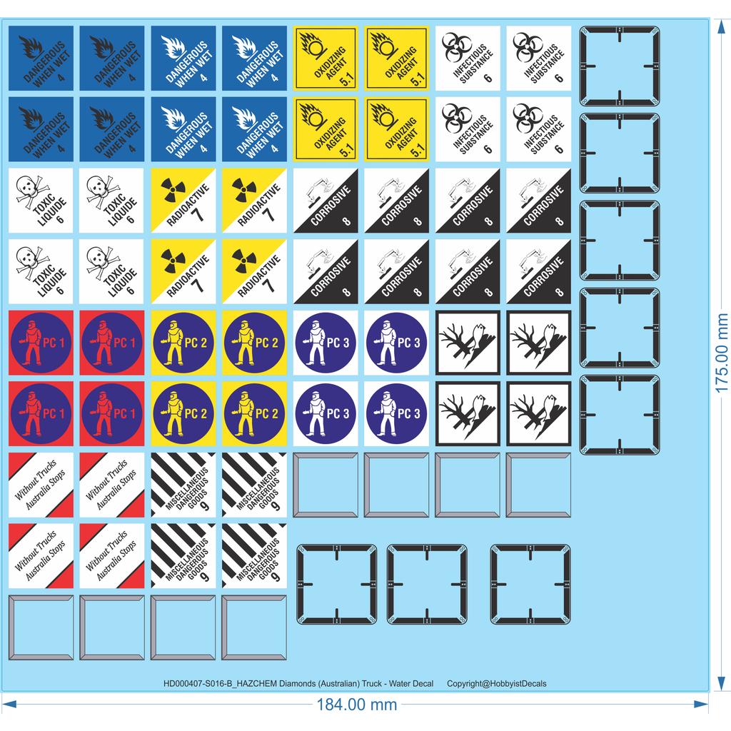 HAZCHEM Diamonds (Australian) Truck - 1/14 1/16 1/25 1/32 1/43 1/50- Water Decal - Waterslide, 1/14