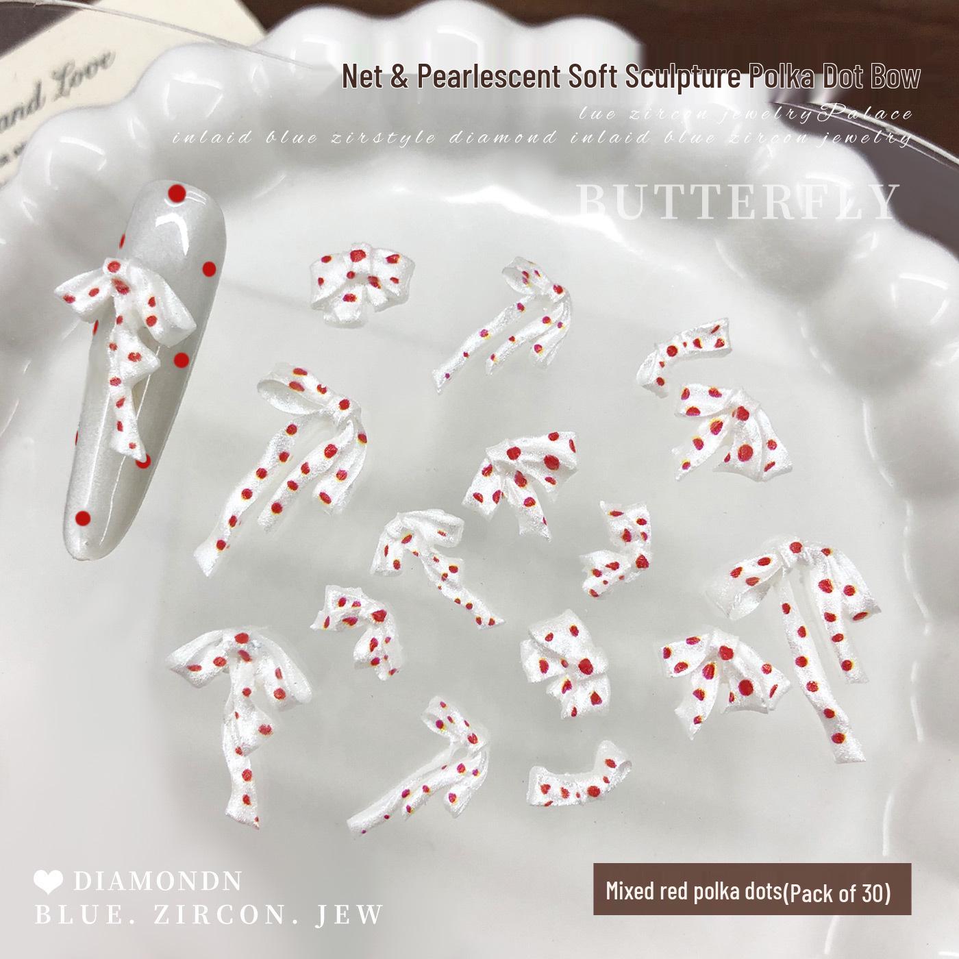 Soft Sculpture Red Polka Dot Bow Nail Art Deco Mix: Satin, Pearlescent, Flowing Bow Tie Rhinestones for DIY Nails