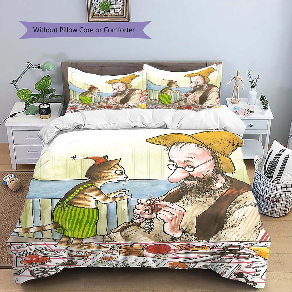 Pettson and Findus2 Pattern Bedding Quilt Set Home Decoration Gift (1 * Duvet Cover + 2 * Pillowcase Without Core)