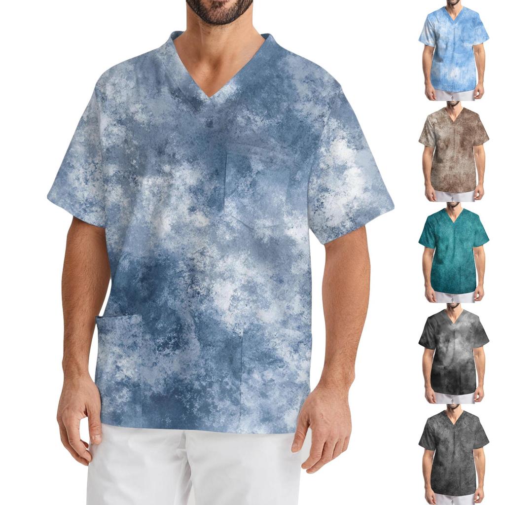 Men's Printing Short Sleeve V-neck Working Blouse Chest Pocket Carer Top