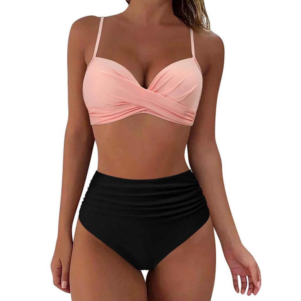 Costume da bagno bikini push up da donna costumi da bagno solidi sexy costume da bagno floreale femminile costumi da bagno increspati XL bikini a vita alta donna