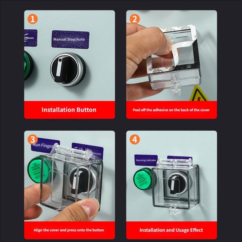 Clear Square Push Button Cover with Lift Lid and Adhesive Base for Equipment Box Areas and Face Mount Use Daily