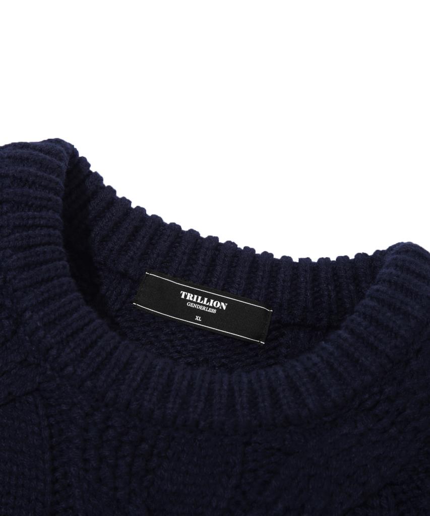 TRILLION Washable Big Cable Oversized Crew Neck Knit [Navy]