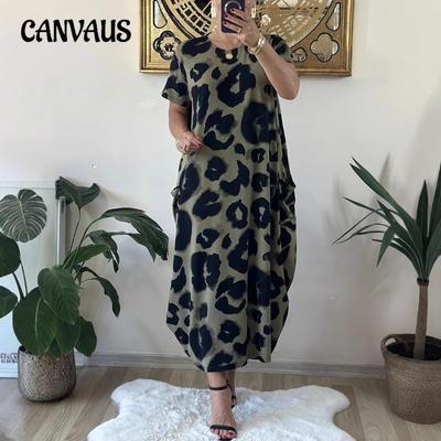 Plus Size Women's New Leopard Pocket Casual Loose Print Short Sleeved Dress