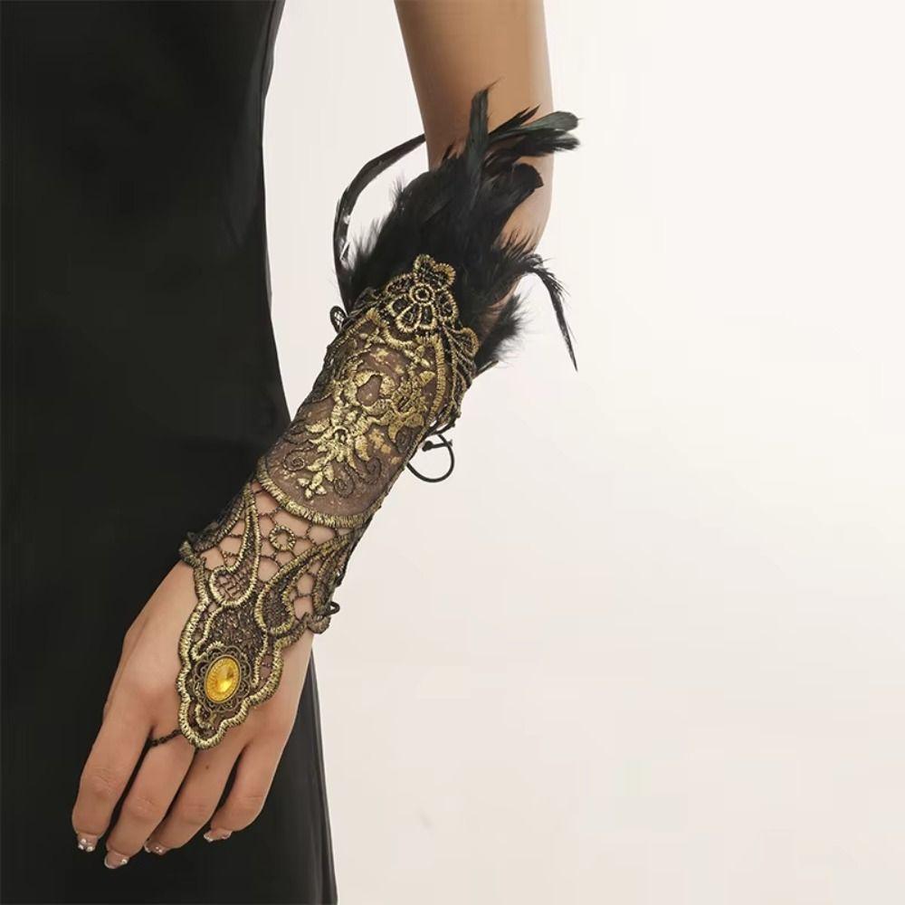 

Embroidery Halloween Feather Cuffs Retro Women Feather Lace Glove Cosplay Props