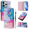For iPhone 16 Pro Case Pattern Printing Wallet Phone Cover with Strap