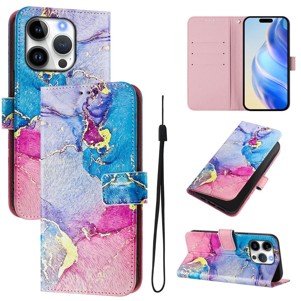 For iPhone 16 Pro Case Pattern Printing Wallet Phone Cover with Strap