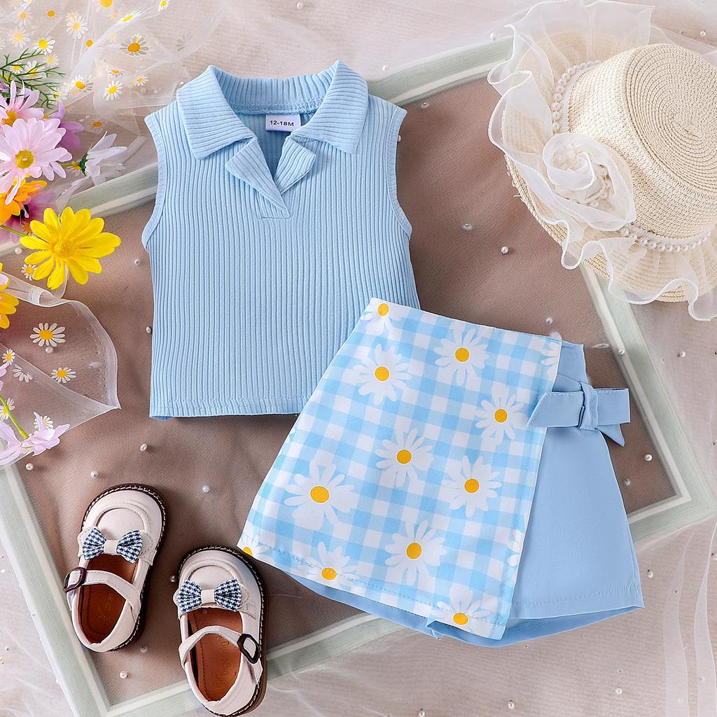 Girls Fashion Suit Summer Children's Lapel Sleeveless Top + Plaid Patchwork Trouser Skirt Suit