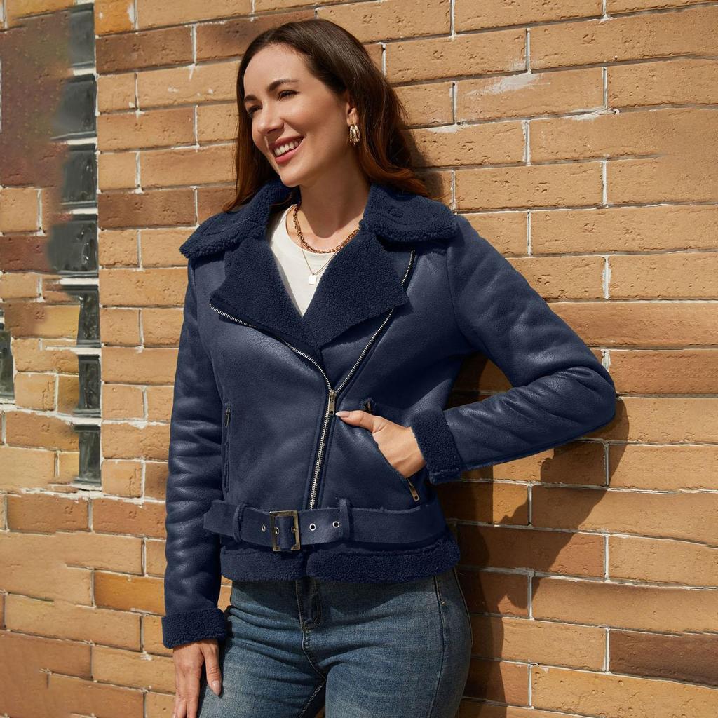 Fall Winter Women Lapel Collar Long Sleeve Slim Fit Zipper Pu Leather Jacket