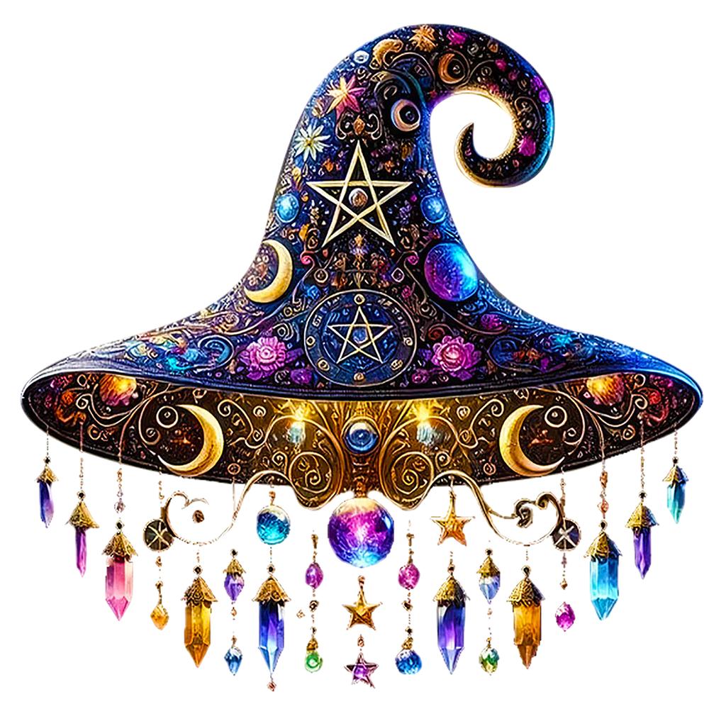 Halloween 2D Acrylic Witch Hat Hanging Decoration With Moon And Star Dangles, Window Ornament