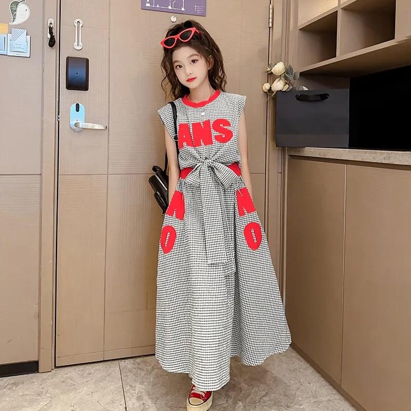 Sommer Set für Mädchen Mittel-Groß Kind Ärmellos Rundhals Pullover Oberteil + Rock Leichte Zweiteilige Garnitur