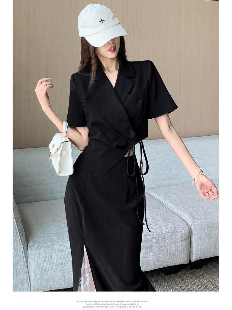 Elegant Women's Two-Piece Set: High-Grade Slim Strap Suit Top & High-Waist Lace Skirt