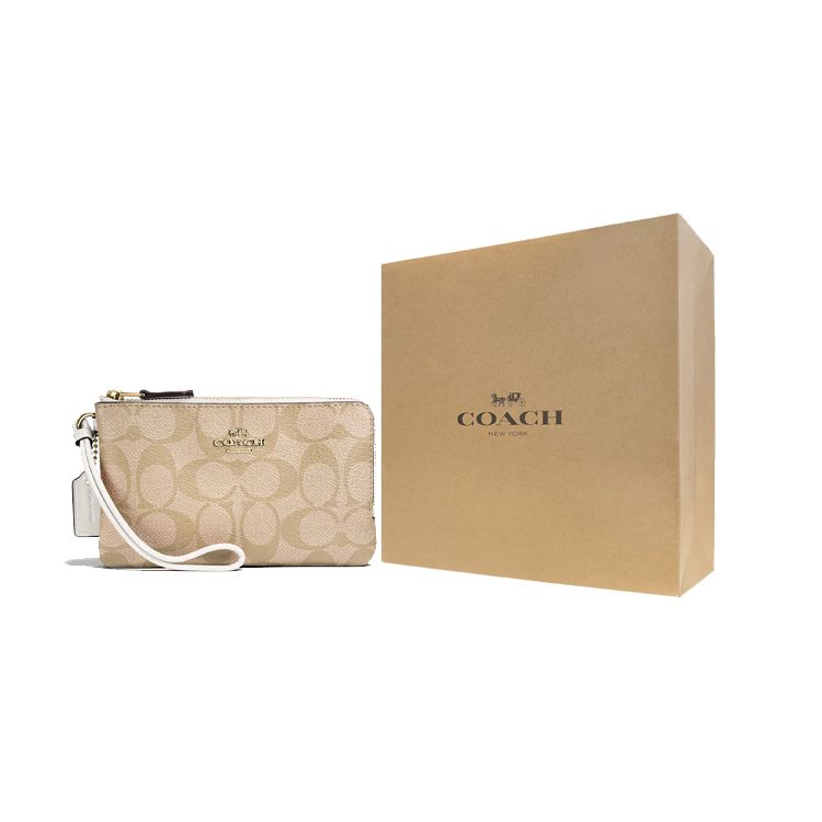 Coach Corner Zip 16 Double Layer Monogram Print Double Zipper Clutch Women Clutch Light-Khaki White 87591-IMDQC