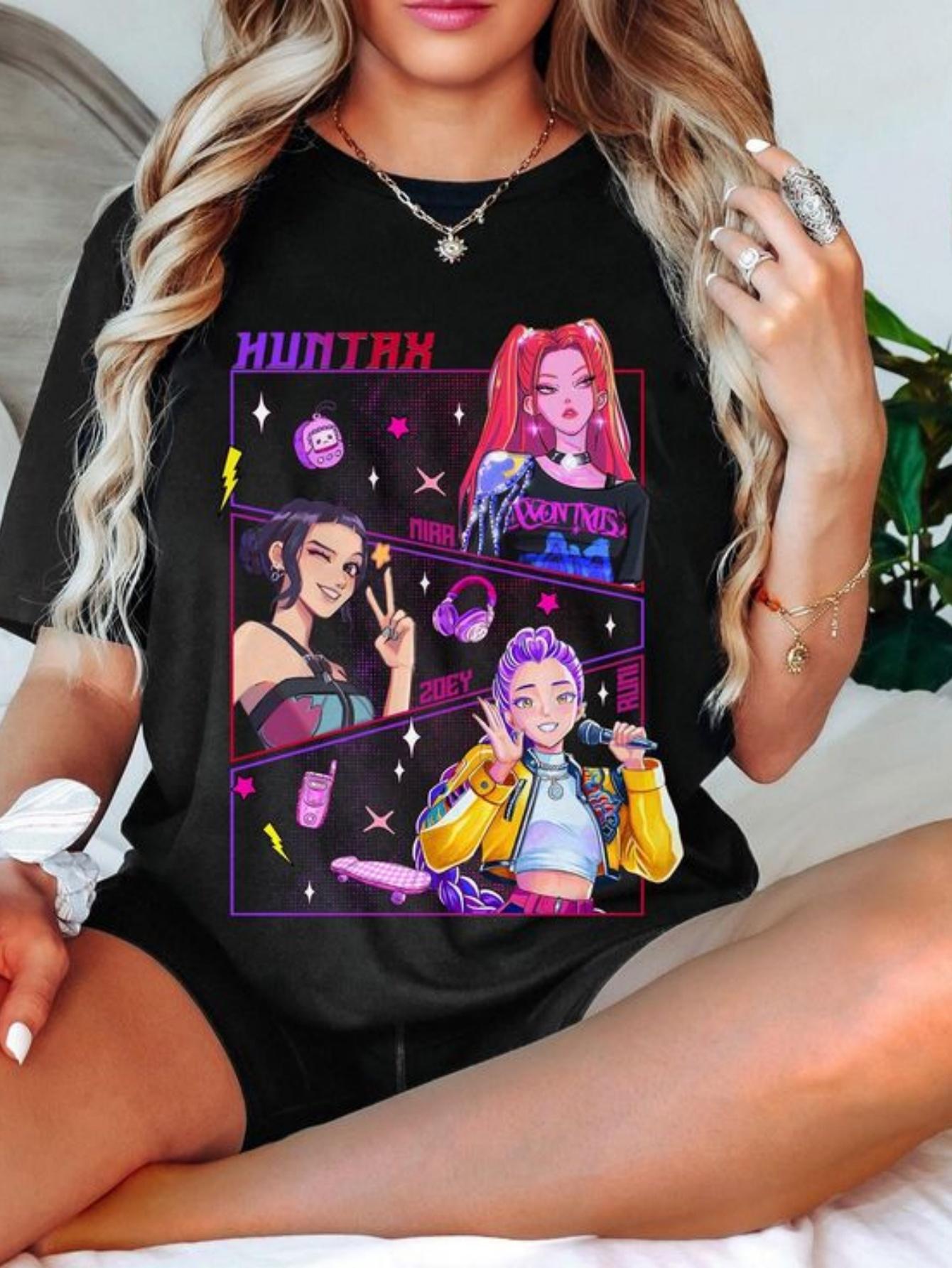 

Women s Casual Graphic Tee Vibrant Anime-inspired Print With Pink Purple Hair Character Huntrx Design Round Neck Short Sleeve 3XL