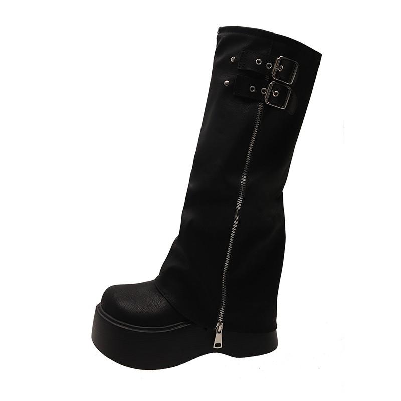 Modne buty damskie w stylu punk na platformie z grubą podeszwą, buty rycerskie, modne, zapinane na guziki, łączone, podwyższające wzrost, damskie długie botki