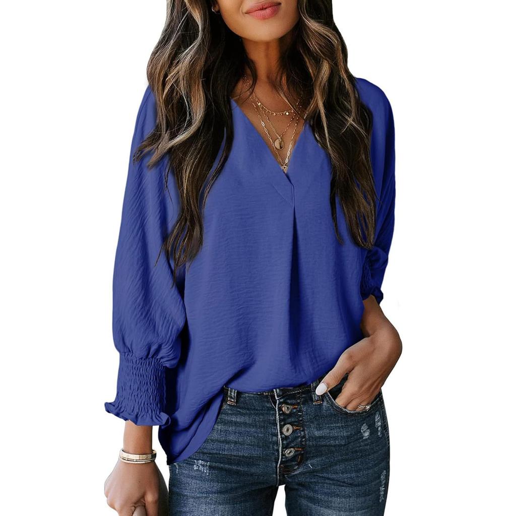 Women V Neck Long Sleeve Smocked Cuff Pleated Casual Blouse