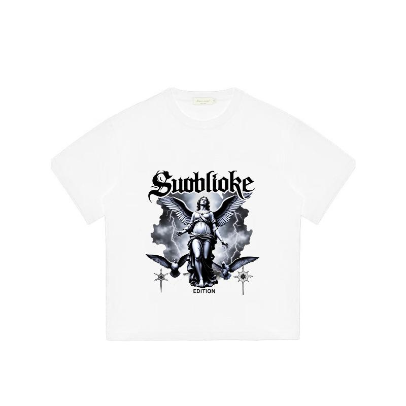 Black T-Shirt With Angelic Figure And Suoblioke Text Design For Casual Wear