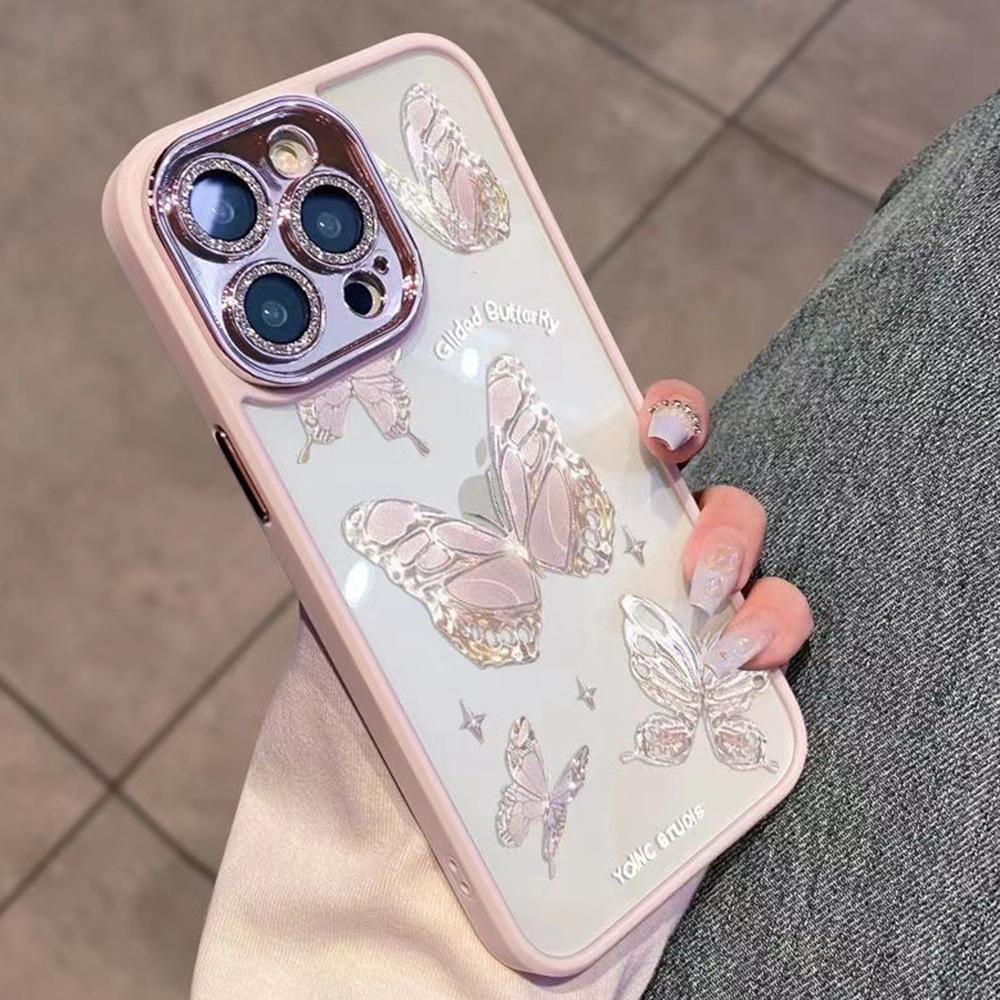 

For iPhone 14 Pro Max Anti-Scratch Phone Shell Butterfly Pattern Glass+TPU Phone Case with Glittery Powder Decor Pink